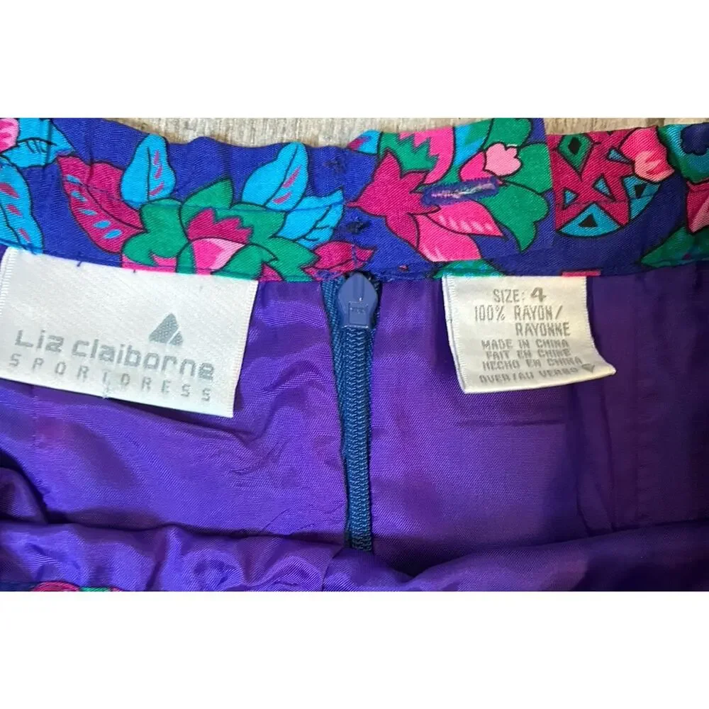 Vtg Liz Claiborne Sport Pleated Midi Skirt & Blouse Set Jewel Tone Floral Size 4